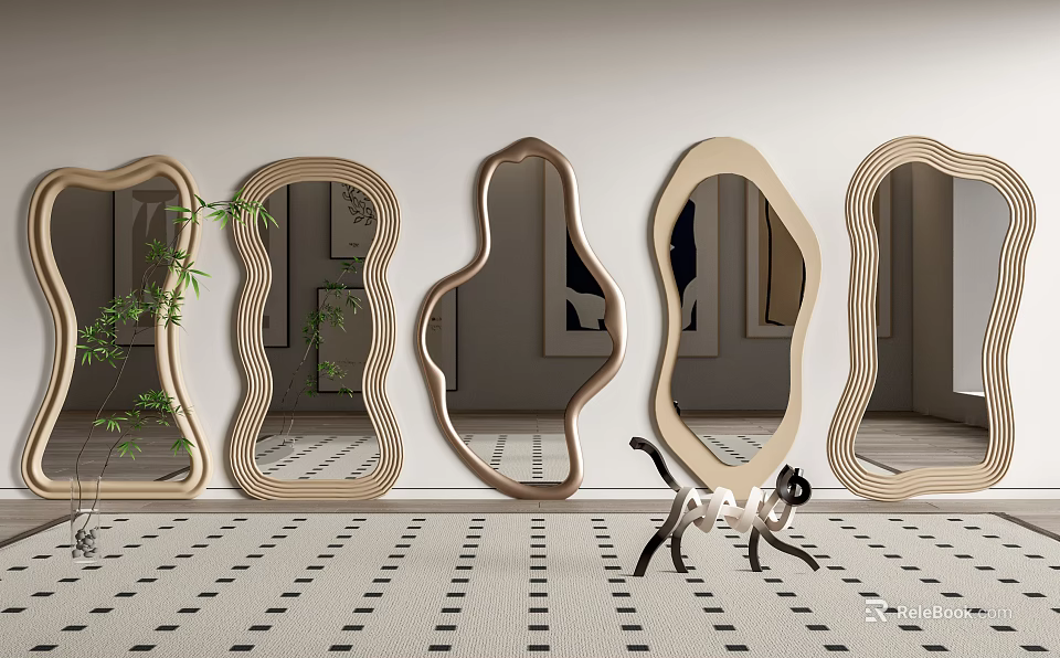 Various Shaped Wooden Mirrors Wall Mounted in Modern Interior With Patterned Floor and Decorative Cat 3d model 