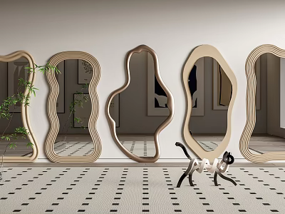 Various Shaped Wooden Mirrors Wall Mounted in Modern Interior With Patterned Floor and Decorative Cat 3d model