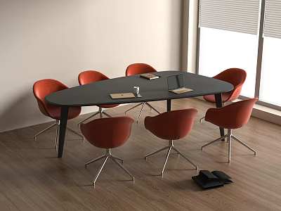 Modern Black Conference Table In Office With Red Metal Chairs Wooden Floor And Window Blinds 3d model