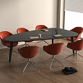 Modern Black Conference Table In Office With Red Metal Chairs Wooden Floor And Window Blinds