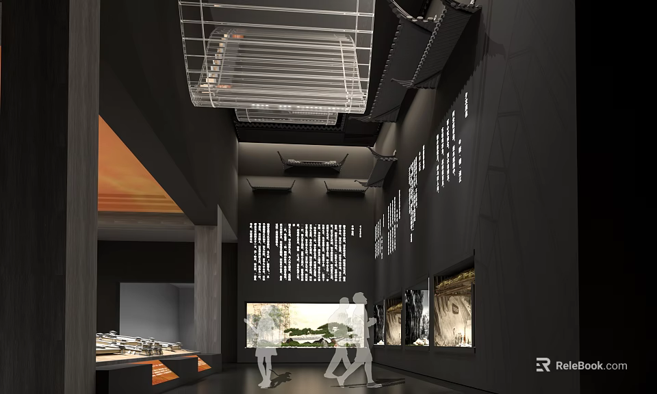 Modern Exhibition Hall Interior Design with Display Walls Lighting and Visitors 3d model 