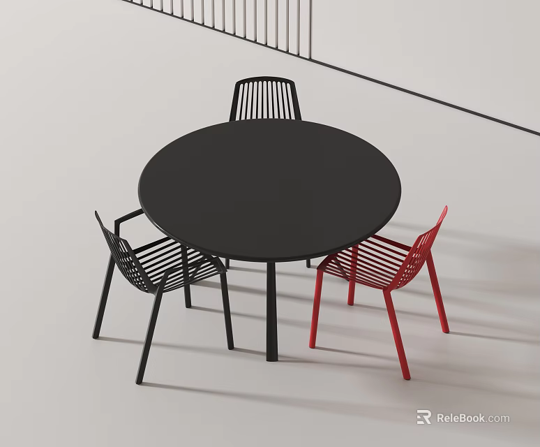 Modern Round Dining Table Set With Black And Red Chairs 3d model