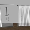 Modern Bathroom Shower Space With White Curtains And Black Fixture On Wooden Floor