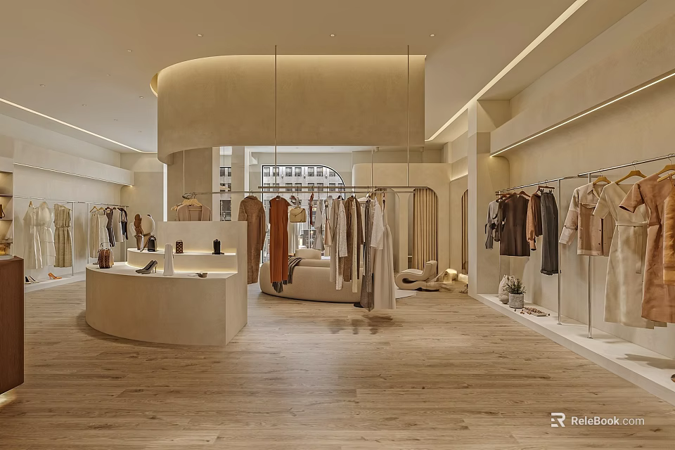 Elegant Clothing Store Interior With Bright Lighting Fashion Apparel Display Wooden Flooring And Round Counter 3d model 
