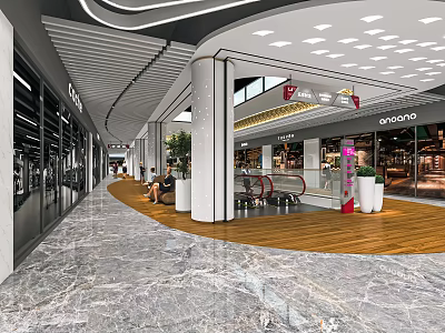 Modern Shopping Mall Lobby With White Columns Marble Wooden Flooring Escalator And Seating Area 3d model