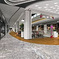 Modern Shopping Mall Lobby With White Columns Marble Wooden Flooring Escalator And Seating Area