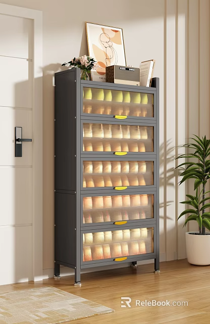 Modern Gray Shoe Cabinet With Multiple Mesh Drawers And Yellow Handles Indoor 3d model 