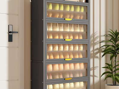 Modern Gray Shoe Cabinet With Multiple Mesh Drawers And Yellow Handles Indoor 3d model