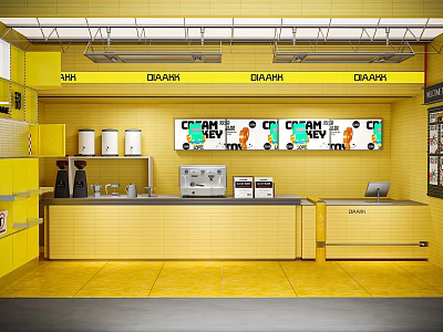 Bright Yellow Milk Tea Shop Interior With Beverage Making Counter White Buckets And Ceiling Lights 3d model