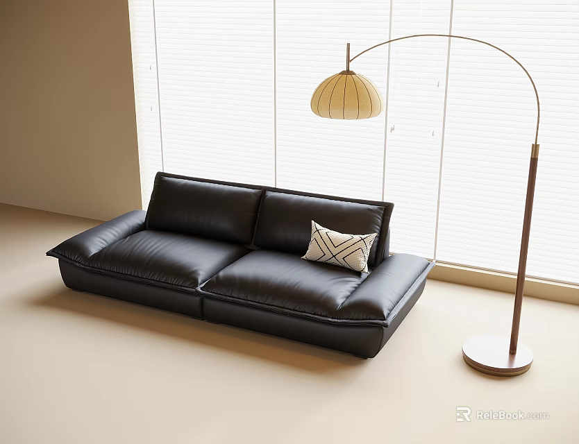 Modern Black Leather Double Bed With Floor Lamp And Window Blinds 3d model