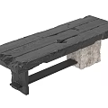 Rustic Black Wooden Bench With Stone Support And Natural Wood Texture 3d model