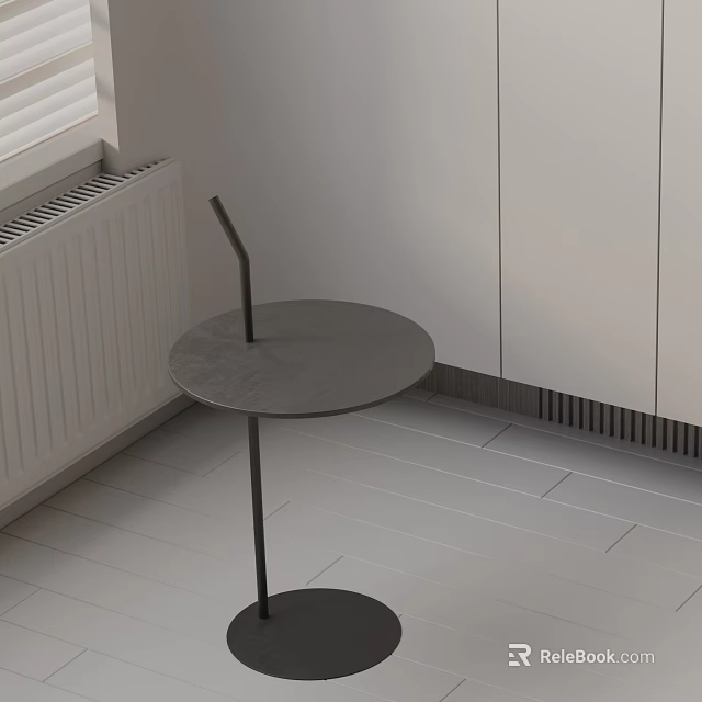 Modern Black Round Side Table In Minimalist Living Space With White Cabinets And Light Floor 3d model 