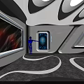 Modern Exhibition Hall With Curved White Black Structures And Display Screens