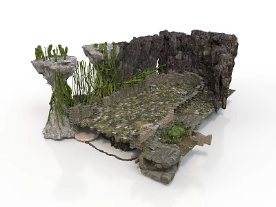Natural Rocky Terrain 3D Model With Moss Covered Stones And Green Plants 3d model