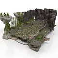 Natural Rocky Terrain 3D Model With Moss Covered Stones And Green Plants