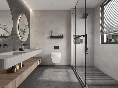 Modern Bathroom Interior Design With Double Sink Vanity Round Mirror And Glass Shower Enclosure 3d model