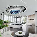 Futuristic Modern Office Reception Lobby With Unique Ceiling Lights And Comfortable Waiting Lounge Area