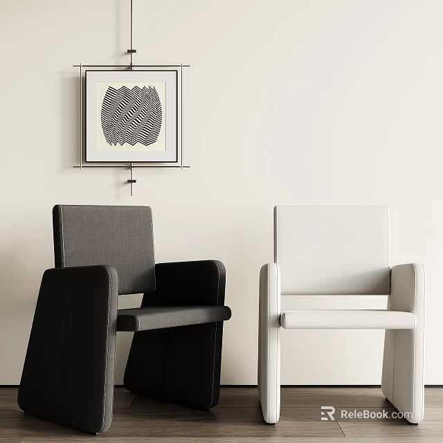 Black and White Dining Chairs Against Minimalist Wall with Wavy Pattern Artwork 3d model