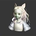 3D Model of Cat Ears Girl with Long Curly Hair and Blue Outfit