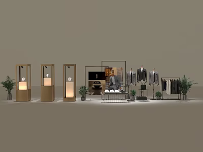 Modern Retail Display Shelves With Glass Cases Metal Frames And Clothing Items 3d model