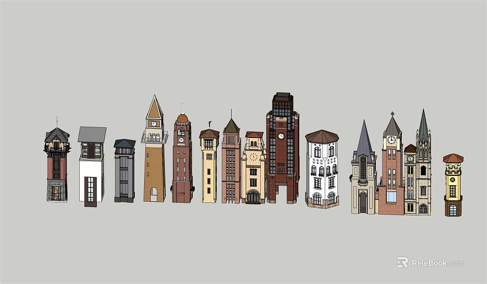 Various Architectural Style Towers With Historic Modern Designs And Diverse Shapes 3d model 