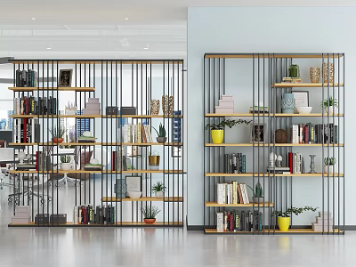 Modern Metal Frame Shelf Unit With Wooden Shelves Books And Green Plants 3d model