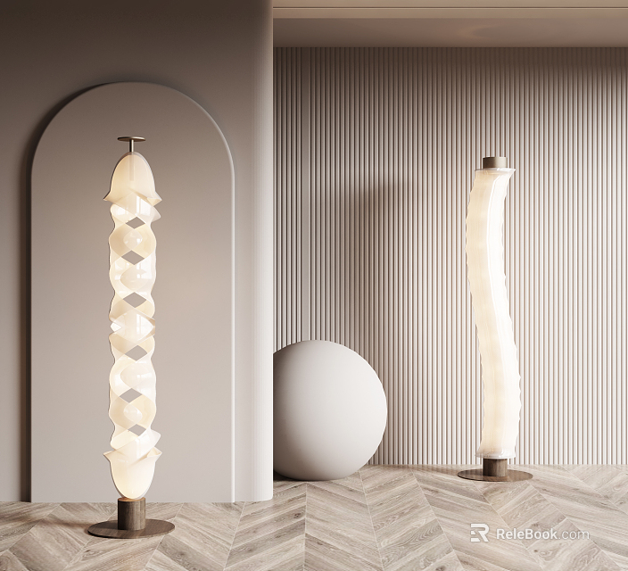 Modern Floor Lamps In Room With Arched Wall Striped Background Round Decor Wooden Floor 3d model 