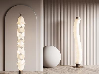 Modern Floor Lamps In Room With Arched Wall Striped Background Round Decor Wooden Floor 3d model