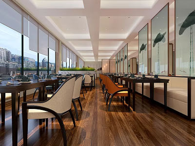 Modern Restaurant Interior With Large Windows Wooden Flooring Dining Tables And Chairs 3d model