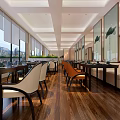 Modern Restaurant Interior With Large Windows Wooden Flooring Dining Tables And Chairs