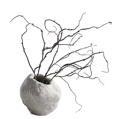 Textured Gray Ceramic Decorative Vessel with Natural Twisted Branches Inside 3d model