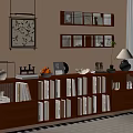 Modern Interior With Wooden Bookcase Books Decorative Items Wall Shelves And Lamp