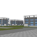 Modern Multi Storey Industrial Factory Building With Large Windows Parking Truck Container Grass Blue Sky