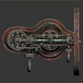 Vintage Red Mechanical Device with Large Wheel and Metal Structure in Retro Industrial Design