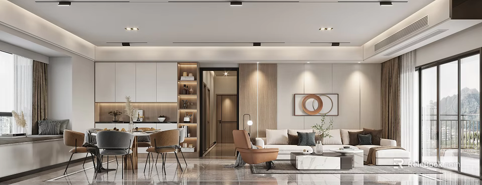 Modern Dining and Living Room Interior With Sofa Coffee Table and Dining Chairs 3d model