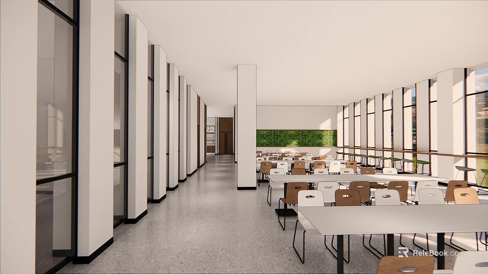 Spacious Modern Dining Area With Tables Chairs Large Windows And Green Wall 3d model