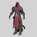 Hooded Blue Skinned Fantasy Character In Red Robe With Armor And Tassels Belt