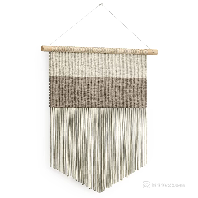 Woven Curtain with Striped Design and Hanging Fringes for Home Decor 3d model 