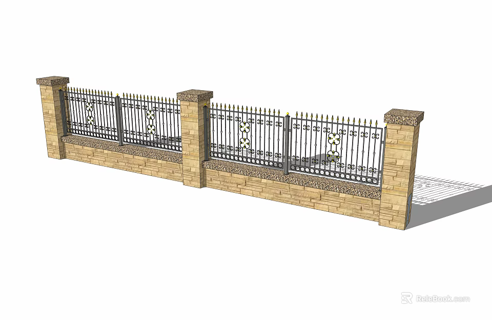 Building Exterior Wall With Brick Structure Iron Fence And Decorative Pillars 3d model 