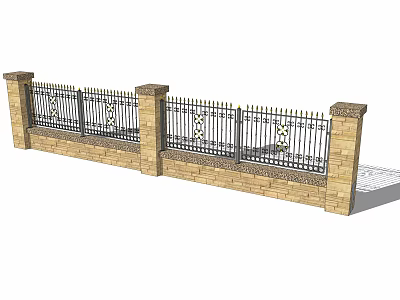 Building Exterior Wall With Brick Structure Iron Fence And Decorative Pillars 3d model
