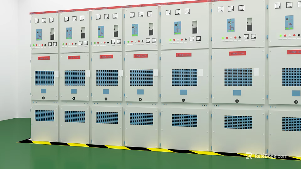 Industrial Electrical Control Cabinets With Control Panels Buttons And Displays On Green Floor 3d model 