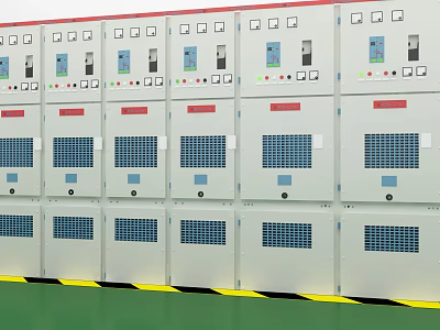 Industrial Electrical Control Cabinets With Control Panels Buttons And Displays On Green Floor 3d model