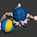 Anime Style Game Character With Blue Hair In Polka Dot Bikini Holding Colorful Beach Ball