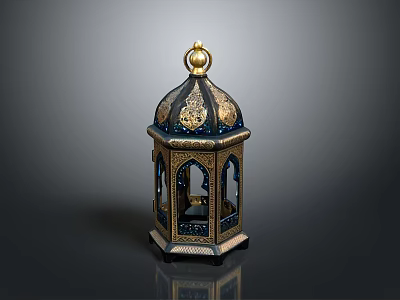 Decorative Vintage Lantern With Intricate Gold Blue Patterns Arched Windows And Golden Finial Top 3d model