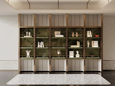 Elegant Modern Bookcase Interior Design With Multiple Shelves Books And Sculptures 3d model