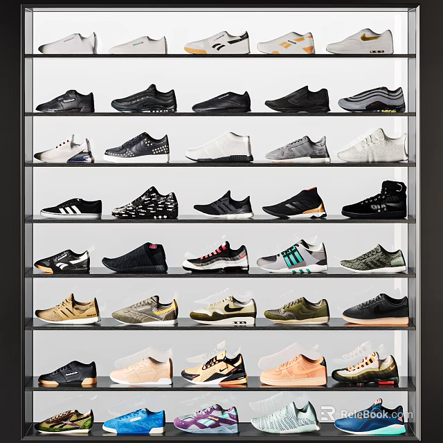 Various Stylish Shoes Neatly Displayed On Multiple Shelves With Different Designs And Colors 3d model 
