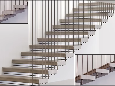 Minimalist Modern Interior Staircase Design With Metal Railings And Wooden Steps 3d model
