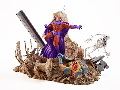 Game Movie Character In Red Purple Costume Cape On Rocky Terrain With Large Weapon Skeleton 3d model
