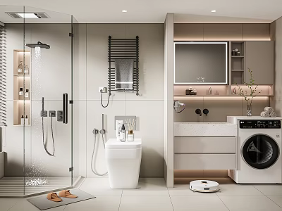 Modern Bathroom Interior With Glass Shower Toilet Vanity Mirror Washing Machine And Robot Vacuum 3d model