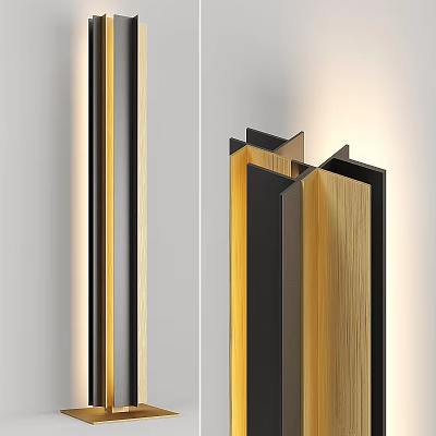 Modern Stylish Floor Lamp With Wooden Panel And Black Metal Frame For Living Room Interior 3d model